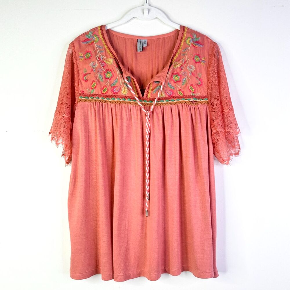 Blank London Anthropologie Top Women LP Pink Coral Embroidery Cottage Bohemian
